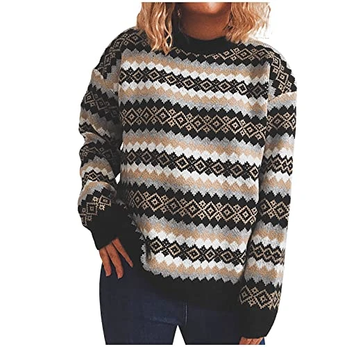 Women's Retro Striped Pullover Crew Neck Loose Long Sleeve Jumper Sweatshirt Tops Knitted Jumper Outwear, black, XL