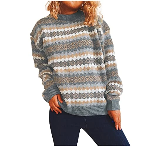 Women's Retro Striped Pullover Crew Neck Loose Long Sleeve Jumper Sweatshirt Tops Knitted Jumper Outwear, gray, XL