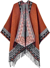 Women's Retro Style Poncho Cape Boho Shawl Wraps Ruana Printed Tassel Cardigan for Spring Fall Winter