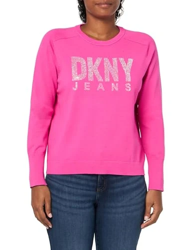 Women's Rhinestud Logo Crewneck Pullover Sweatshirt, Shocking Pink, XS