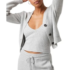 Womens Ribbed Cropped Cardigan Sweater, Light Grey Melange, M Womens Ribbed Cropped Cardigan Sweater, Light Grey Melange, M