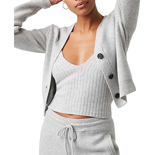 Womens Ribbed Cropped Cardigan Sweater, Light Grey Melange, M