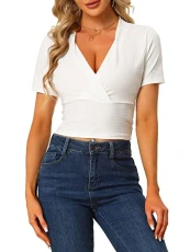 Women's Ribbed Deep V Neck Short Sleeve Cross Wrap Crop Tops White M