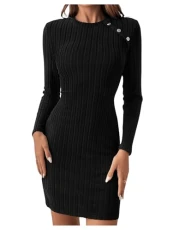 Women's Ribbed Knit Long Sleeve Mini Short Dress Round Neck Button Bodycon Dresses Black M Women's Ribbed Knit Long Sleeve Mini Short Dress Round Neck Button Bodycon Dresses Black M