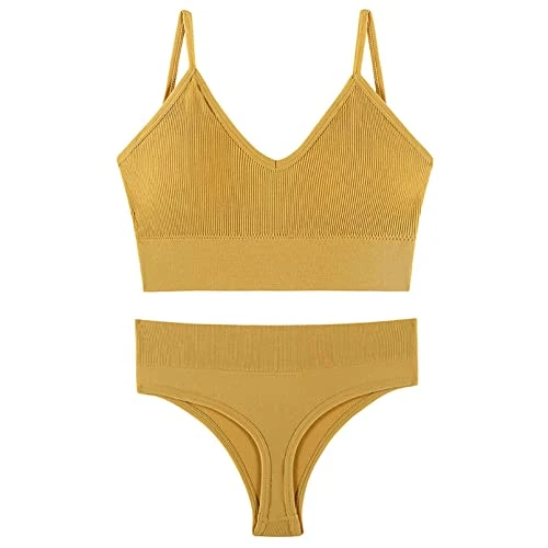 Women's Ribbed Spaghetti Straps Low Waisted Padded Bikini Set Two Piece Swimsuit Bathing Suit Yellow M