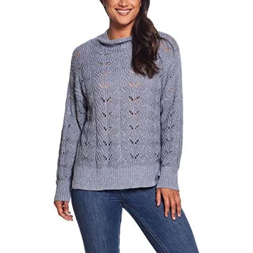 Womens Ribbed Trim Open Stitch Mock Turtleneck Sweater, Dusty Blue, L