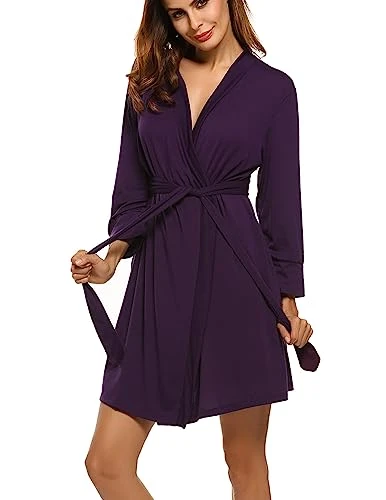 Womens Robe Lightweight Kimono Robes Short Knit Bathrobe Soft Sleepwear Ladies Loungewear S-XXL, Dark Orchid, XS