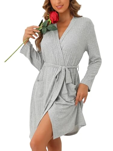 Womens Robe Ribbed Knit Knee Length Robes Stretchy Short Sleepwear with Pockets Bathrobe Gray M