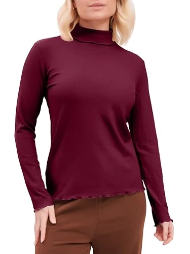 Women’s Roll Neck Polo Long Sleeve Turtleneck Stretchy Pullover Casual Ribbed Ladies Mock Neck top for Women UK Wine