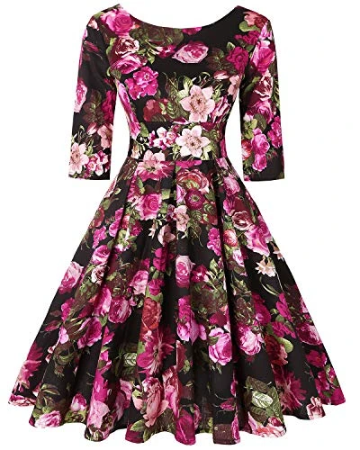 Women's Round Neck 3/4 Sleeve Summer Casual Elegant Midi Dress (Floral Fuchsia,Size S)