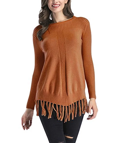 Womens Round Neck Long Sleeve Pullover Knit Fringed Sweater Jumper Knitwear Top Sweatshirt Khaki XL