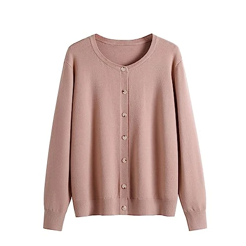 Women's Round Neck Long Sleeved Cardigan Autumn and Winter Models of Classic Versatile Basic Knitwear Large Size Women's Jacket Beaded Cardigan Sweaters for Women (AA-Pink, XXL)
