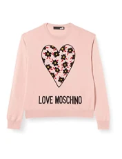 Women's Round Neck Pullover with Heart 80' S Flowers Jacquard and Logo Intarsia Long Sleeve, Pink, 12 Women's Round Neck Pullover with Heart 80' S Flowers Jacquard and Logo Intarsia Long Sleeve, Pink, 12