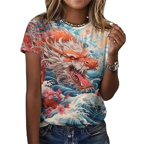 Women's Round Neck Short Sleeve T Shirt Vintage Chinese Dragon 3D Printed Tops Regular fit Comfortable Pullover Tee Shirt