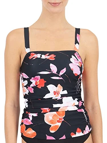 Women's Ruched Bandeau Tankini Top, Black/Pink, Medium