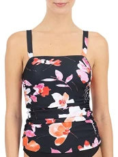 Women's Ruched Bandeau Tankini Top, Black/Pink, Medium