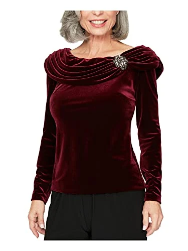 Women's Ruched Collar Blouse Dress Shirt, Wine Velvet, Large