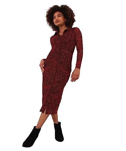 Women's Ruched Front Button Through Collared Bodycon Mesh Midi Dress Casual, Multi, 18