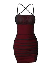 Women's Ruched Mesh Sexy Bodycon Cami Mini Dress Crisscross Sleeveless Summer Club Party Dresses Red S Women's Ruched Mesh Sexy Bodycon Cami Mini Dress Crisscross Sleeveless Summer Club Party Dresses Red S