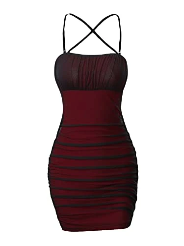 Women's Ruched Mesh Sexy Bodycon Cami Mini Dress Crisscross Sleeveless Summer Club Party Dresses Red S