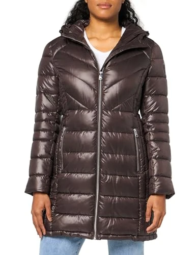 Women's Ruched Quilted Hooded Packable Down Alternative Coat, Full Zip Chocolate, M