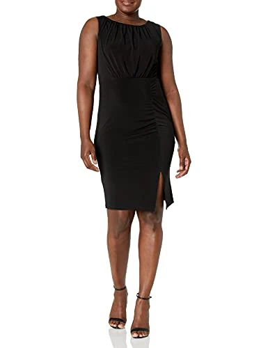 Women's Ruched Sheath with Front Slit Dress, Black, 10
