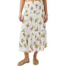 Women's Ruched Tier Midi Skirt - Comfortable and Lightweight Midi Length Skirt for Women with Elastic Waist, Winter White | Suzette Floral, XL
