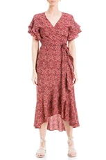 Women's Ruffle Crepe High/Low Wrap Midi Dress, Wine Leafy Paisley, Small