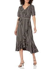 Women's Ruffle Front WRAP Dress Casual, Black/Soft White, 6