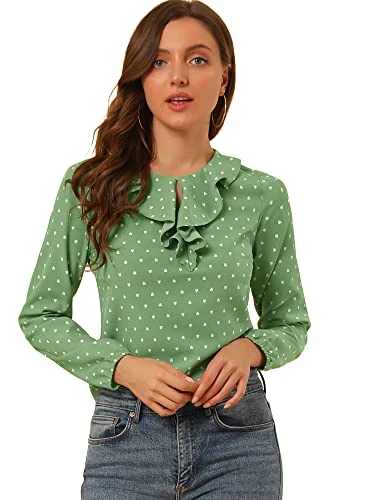 Women's Ruffle Neck Chiffon Top Long Sleeve Vintage Work Office Blouse, Green-dots, L