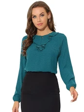 Women's Ruffle Neck Chiffon Top Long Sleeve Vintage Work Office Blouse, Peacock Blue-dots, M