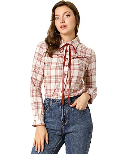 Women's Ruffle Plaid Tartan Shirt Button Up Long Sleeve Tie Neck Cotton Top Blouse Brick Red 4