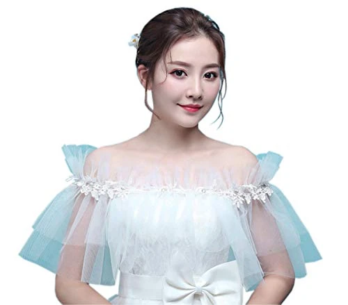 Women's Ruffle Tulle Shawls Wrap Evening Wedding Party Off Shoulder Capes Bolero (White)