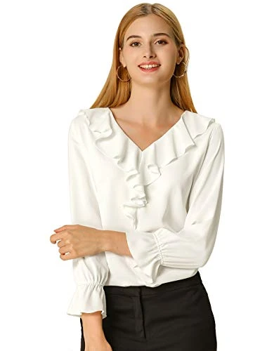 Women's Ruffle V Neck Chiffon Blouse Bracelet Sleeve Vintage Peasant Top White M-12