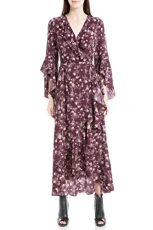 Women's Ruffle Wrap Dress, Beet Med Floral Twig, X-Small