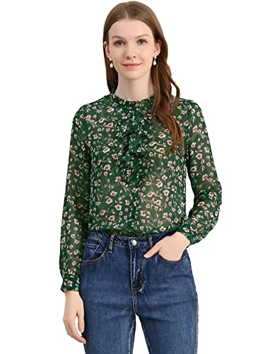 Women's Ruffled Chiffon Floral Blouse Retro Long Sleeve Button Down Ruffle Collar Neck Shirt Top Dar