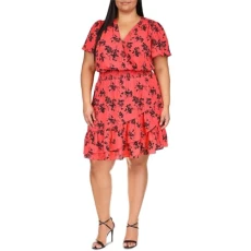 Womens Ruffled Crinkled Wear to Work Dress, Geranium, 1X