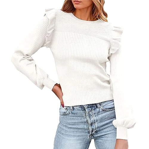 Women's Ruffled Pullover Shoulder Length Long Sleeve Crew Neck Slim Fit Autumn Rib Knit Top Pullover