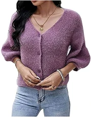 Women's s Knit Cardigan Sweater Long Sleeve Open Front Loose Knitwear Coat (14, Purple)