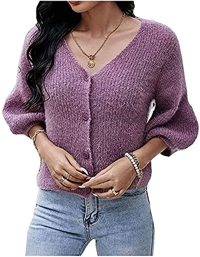 Women's s Knit Cardigan Sweater Long Sleeve Open Front Loose Knitwear Coat (14, Purple)