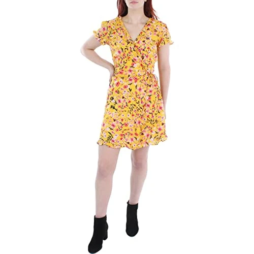 Women's Sade Ruffle Trim Wrap Dress, Golden Rod Acrylic Floral, XS
