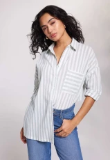 Womens Sage Stripe Crinkle Long Sleeve Shirt