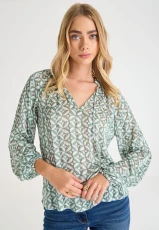 Womens Sage Tile Tie Neck Blouse Womens Sage Tile Tie Neck Blouse