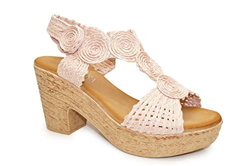 Womens Sandal Ladies Summer Knitted Block Heels Espadrille Platform Wedge Shoes Size UK Pink