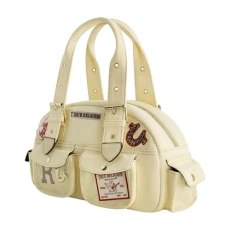 Women's Satchel Bag, Multi-Patch Handbag with Adjustable Shoulder Strap, Beige
