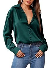 Women's Satin Blouse V-Neck Causal Satin Blouses Casual Silk Blouse Top Tops Long Sleeve Shirts Tuni