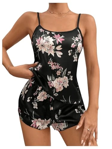 Women's Satin Cami Shorts Pyjama Sets Soft Floral Lounge Set 2 Piece Pj Sleepwear Black M