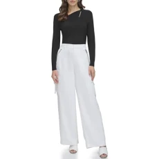 Women's Satin Cargo Trousers Casual Pants, Ivory, 18