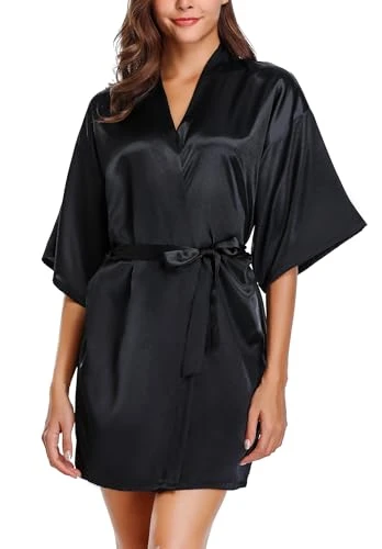 Women's Satin Dressing Gown, Soft Silk Robe Lightweight Sleepwear for Bridal,Wedding Party Robes with Oblique V-Neck,S,Black