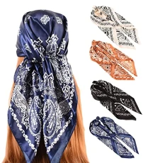 Women's Satin Head Scarf Large Square Scarves & Wraps Floral Silk Scarf Paisley Flower Print Scarf Printed Silky Scarf Silk Bandanas for Women UK Hair Sleeping Black White Coffee Navy Blue 90x90